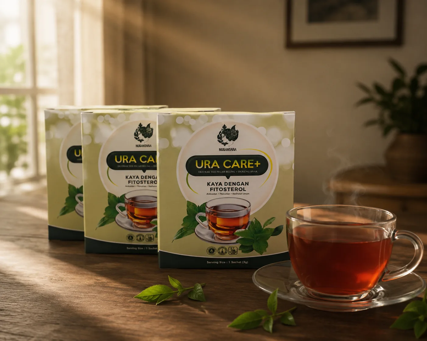 Tiga kotak Ura Care+ di atas meja kayu dengan secawan teh herba
