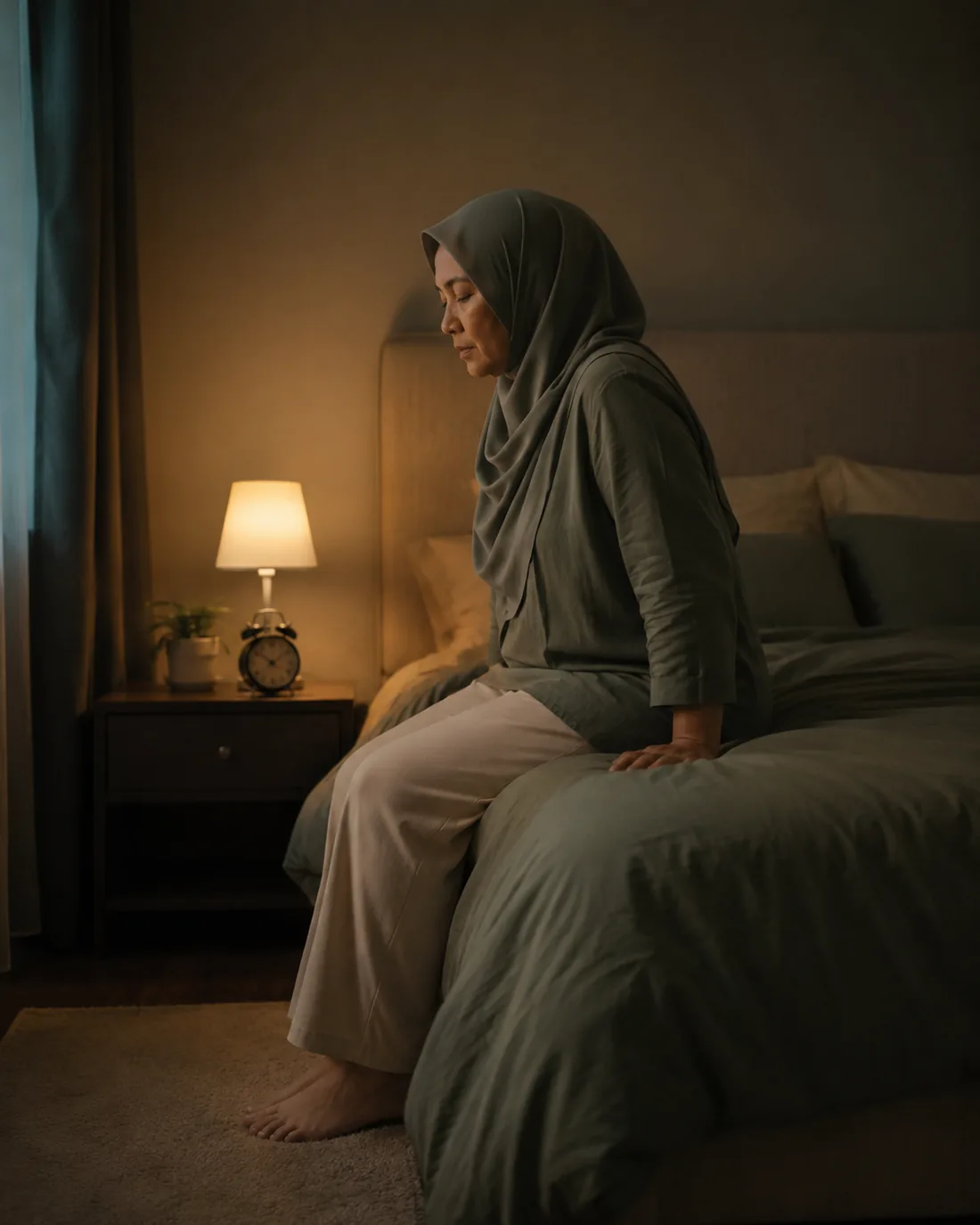 Wanita duduk di tepi katil pada waktu malam dengan lampu meja menyala
