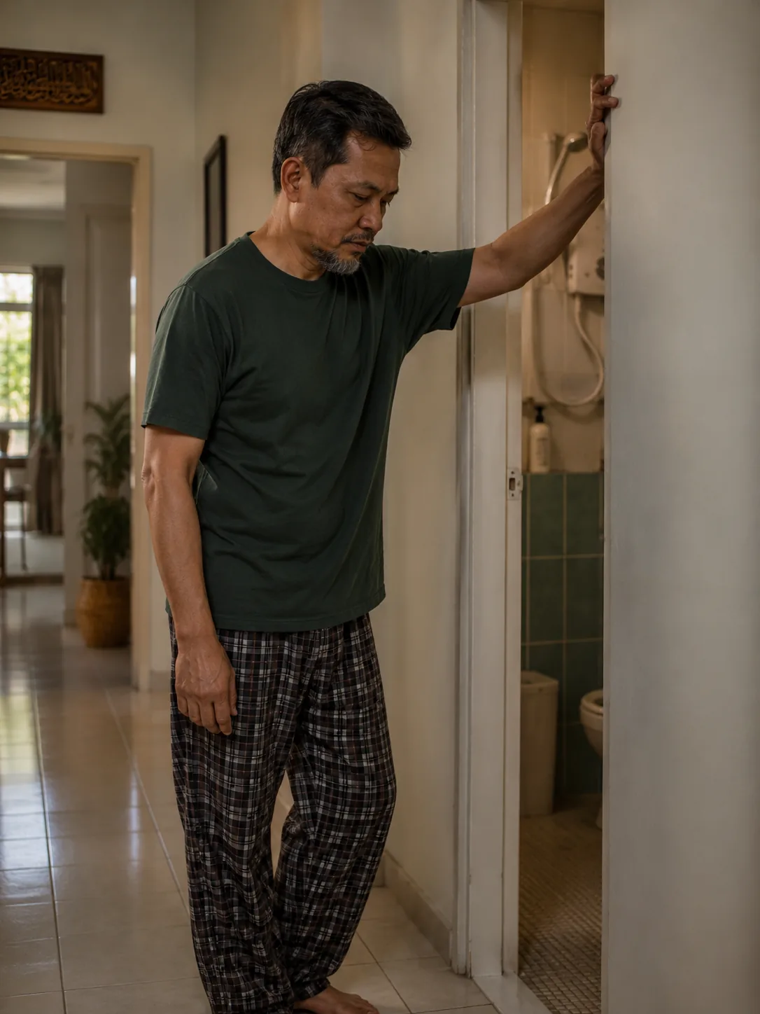 Lelaki berdiri di muka pintu bilik air di rumah