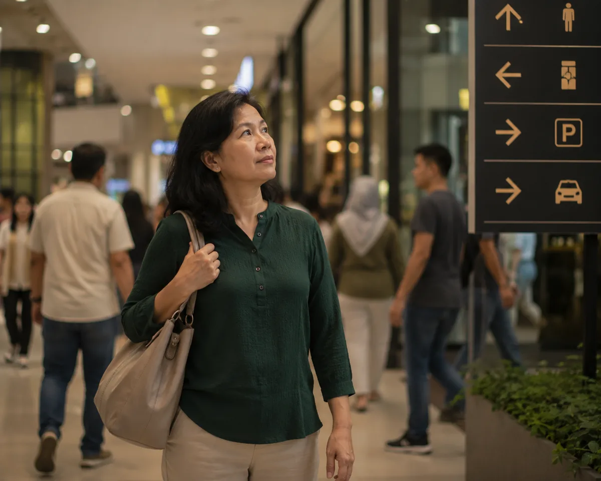 Wanita melihat papan tanda arah di dalam pusat beli-belah