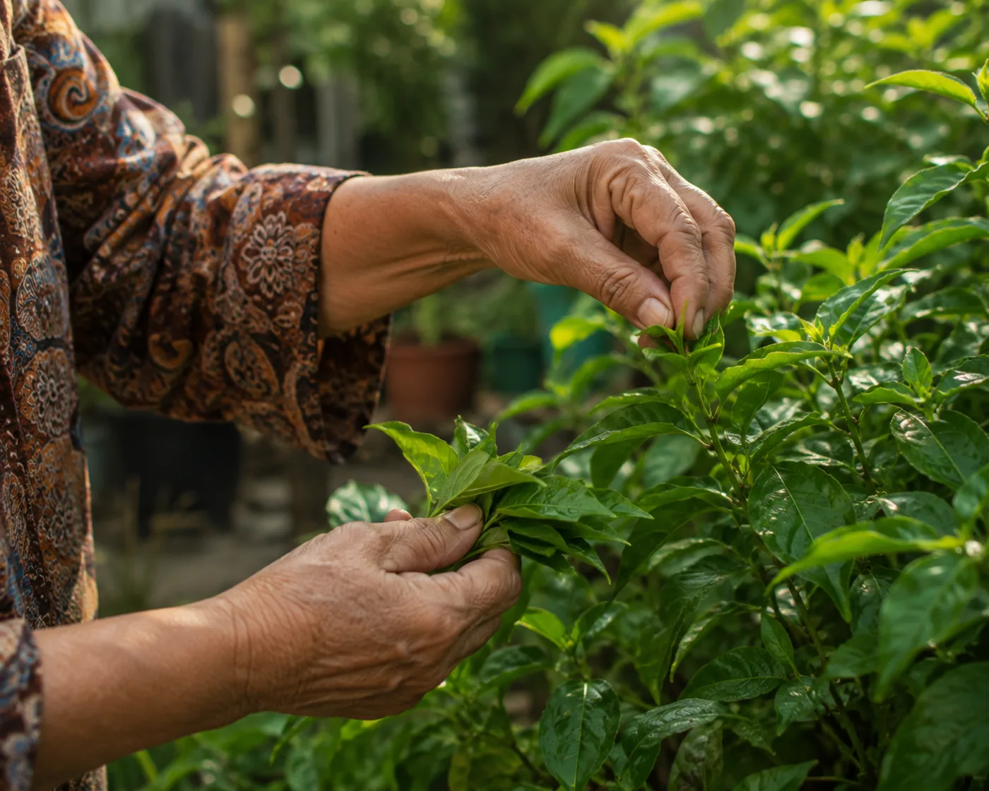 Tangan wanita tua memetik daun herba segar di kebun belakang rumah
