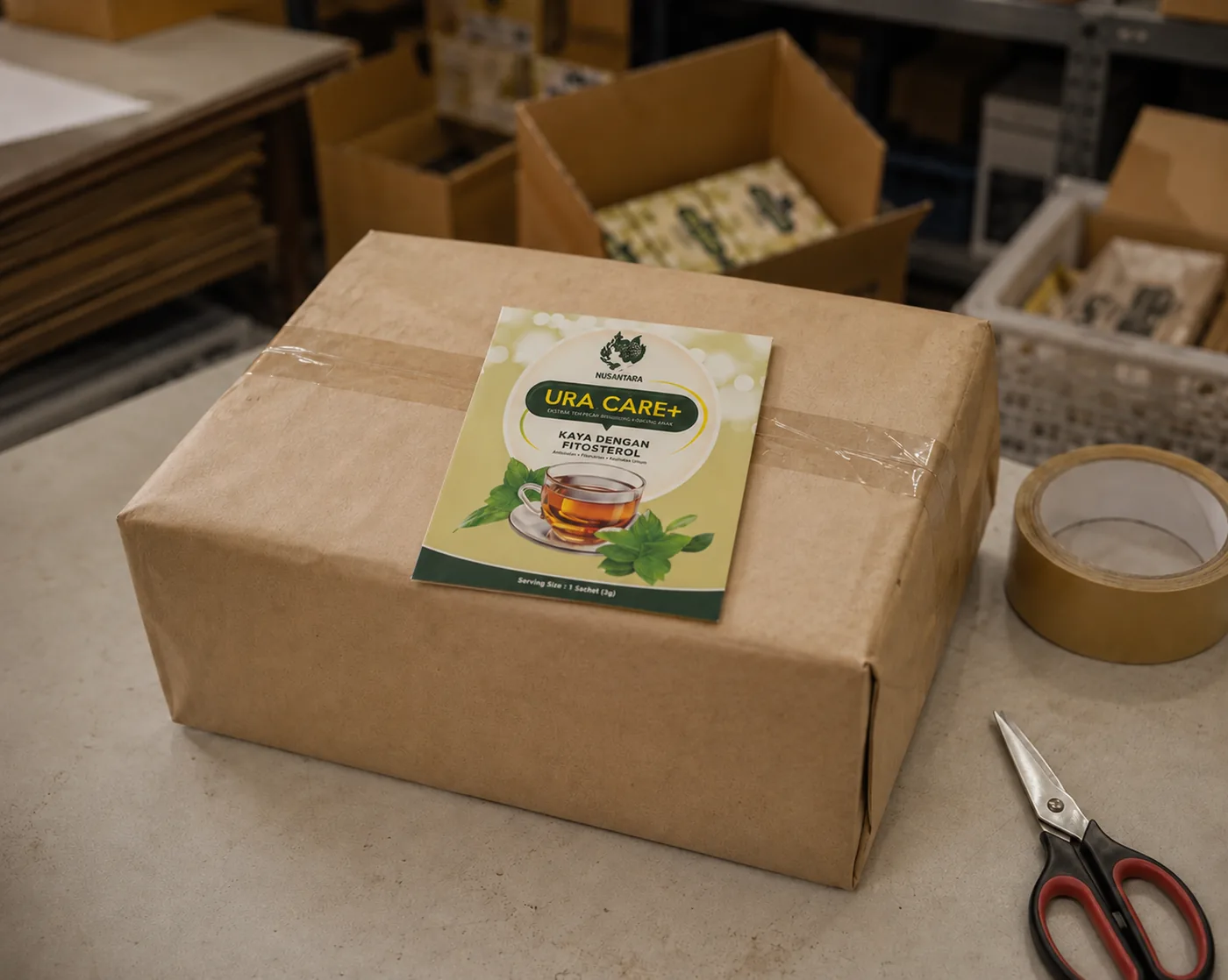 Parcel Ura Care+ dibalut kemas di meja gudang