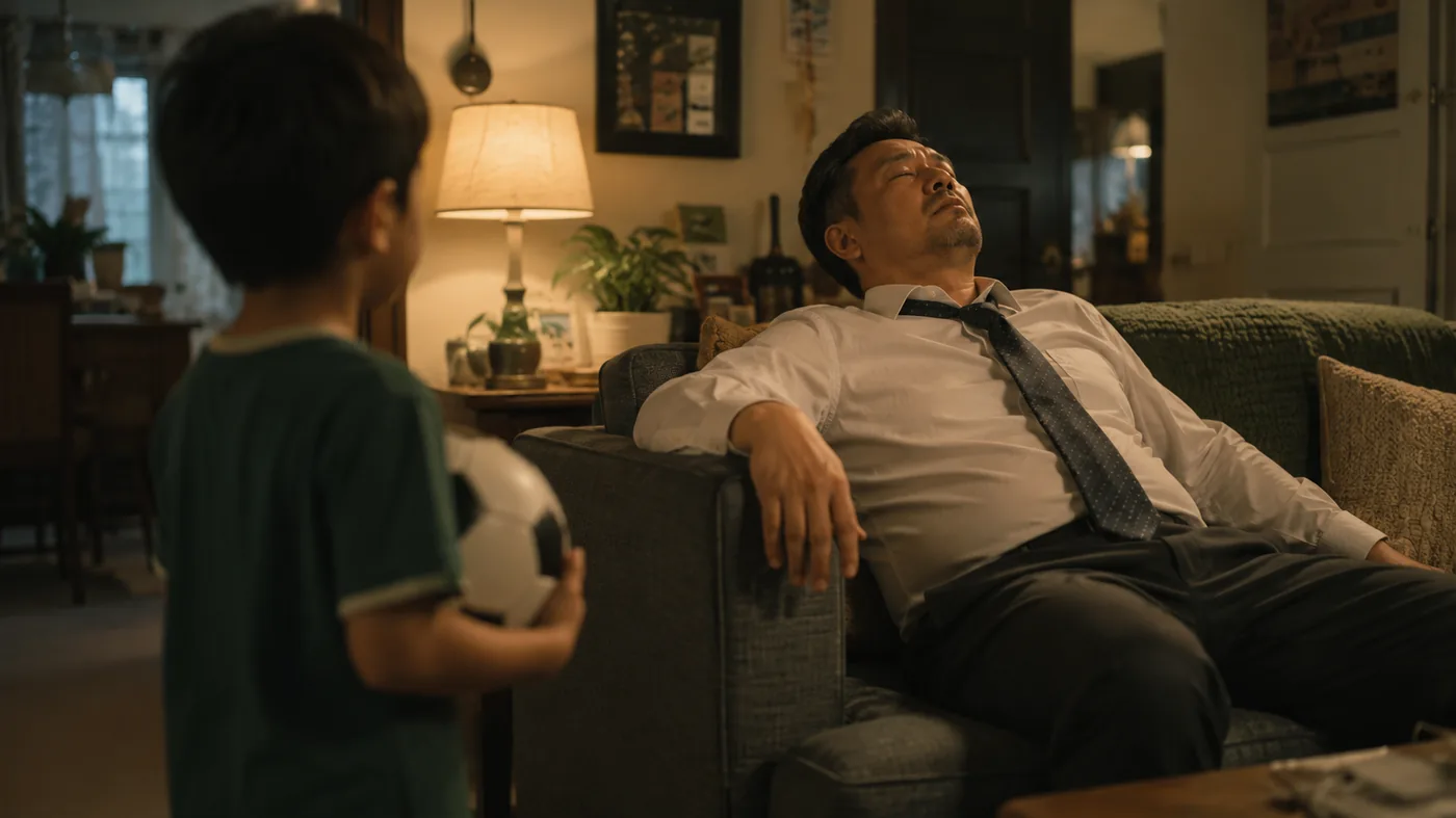 Bapa berehat di sofa selepas kerja, anak lelaki menunggu sambil memegang bola